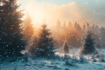 Serene Winter Landscape with Snowfall and Sunlight Filtering Through Trees