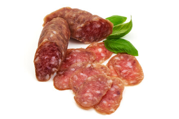 Cured salami sausage, Italian cuisine, isolated on white background
