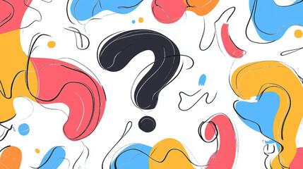 Naklejka premium A large black question mark drawing in the center with abstract colorful details on a white background.