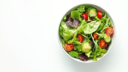 A top view of a fresh salad bowl, placed on a white background