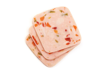 Thinly Sliced Ham, boiled sausage, close-up, isolated on white background