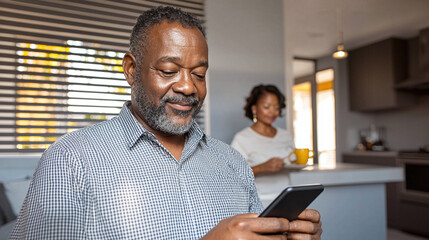 Obraz premium an African American mature man using a smartphone app to control smart blinds at home
