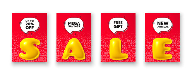 Poster templates with 3d sale text. Up to 20 percent off sale. Discount offer price sign. Special offer symbol. Save 20 percentages. Discount tag poster frame message. Offer chat bubbles. Vector