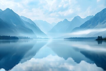 Obraz premium Serene Mountain Lake Reflections in a Misty Blue Landscape