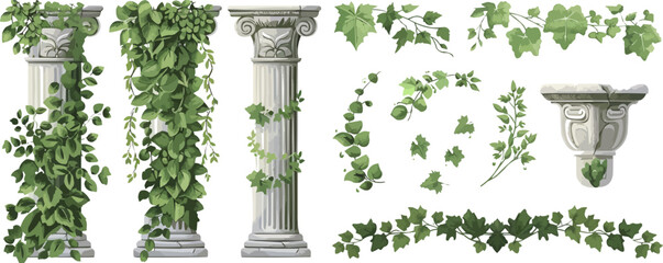 Ivy vines and wreaths, and a greek antique column entwined with ivy, elements isolated on white background. Vector illustration in flat cartoon style