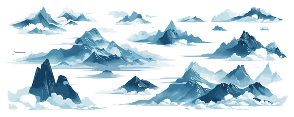 Collection of hand drawn clouds and mountains. Chinese and Japanese mountains shapes Flat cartoon illustration isolated on white background