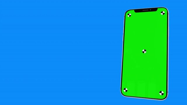 Mobile phone with blank green screen, front view, isolated on green background. animation with camera track motion for presentation on mockup screen. 3d rendered
