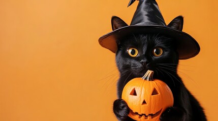 a black cat wearing a witch's hat, holding jack-o'-lantern, orange background, Halloween theme