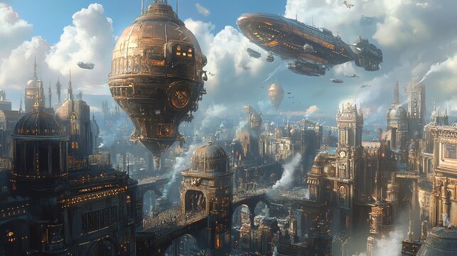 A steampunk city with airships and flying machines soaring through the sky.