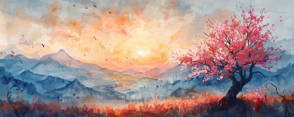 An artistic landscape with a cherry tree, cherry blossoms and sunset painted with watercolor