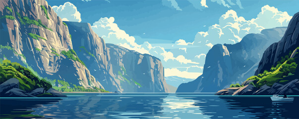 A majestic fjord landscape with towering cliffs and tranquil waters below. Vector flat minimalistic isolated illustration.