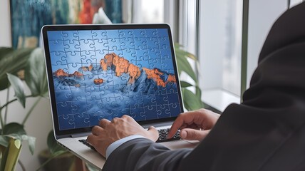 Businessmen use laptops with jigsaw icons to conceptualize leadership and problem-solving techniques. Achievement in resolving issues and making inspiring choices.