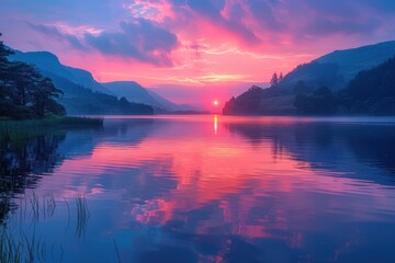 Fototapeta premium Beautiful sunset over a lake with a boat