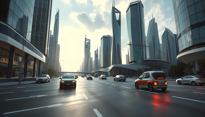 Fototapeta premium A futuristic city brimming with autonomous vehicles & advanced virtual communication systems. The urban landscape is illuminated by vibrant blue holograms, embodying innovation & seamless digital conn