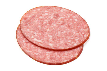 Smoked salami sausage, isolated on white background