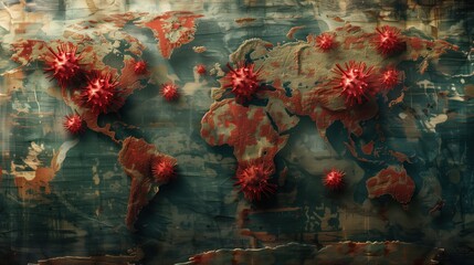 Global Pandemic Visualization: Stylized World Map Highlighting Disease Outbreaks with Red Virus Symbols in Critical Regions