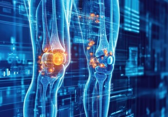 Digital illustration comparing a healthy knee to an injured knee with highlighted areas in a futuristic medical interface setting
