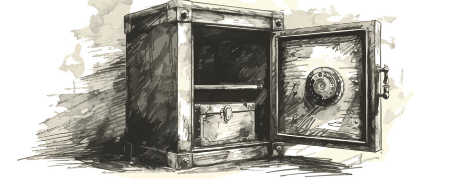 Retro safe with open door sketch hand drawn engraving style Vector illustration