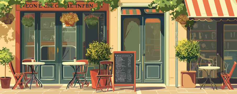 A street scene with a cafe and a signboard