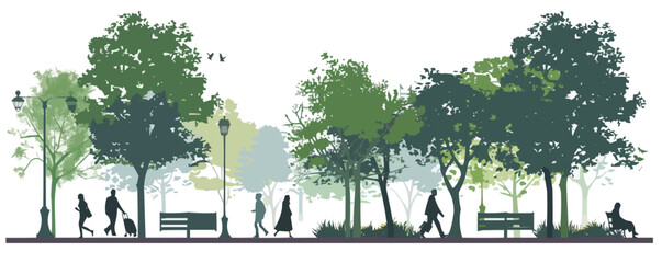 A park with people walking and sitting on benches