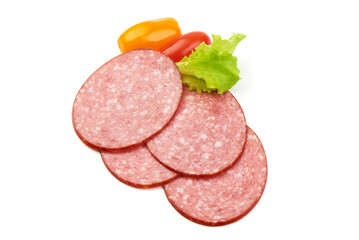 Traditional salami smoked sausage, isolated on white background. High resolution image