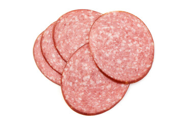 Traditional salami smoked sausage, isolated on white background. High resolution image