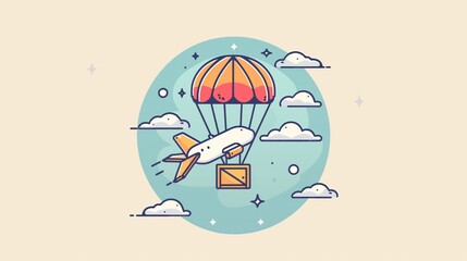 Comic Style Illustration of Airplane in Flight Dropping a Parachute Package with Clouds