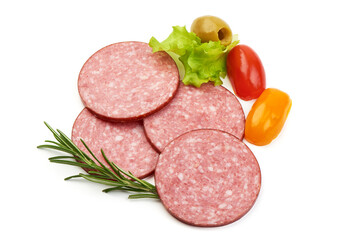 Traditional salami smoked sausage, isolated on white background. High resolution image