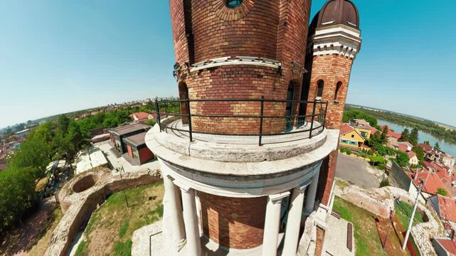 Panoramic drone view of Gardos tower or Millennium Tower in Belgrade, built in 1896 by Austro Hungarian monarchy, showing Zemun district of Belgrade, Serbia, with Danube river.