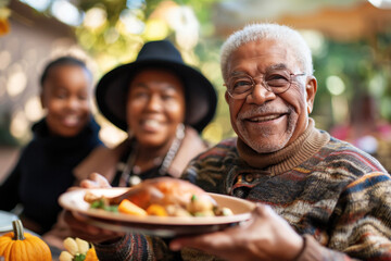 Elderly black man holding a plate with roasted turkey, with his family blurred in the background, everyone smiling and enjoying the festive atmosphere outdoors.