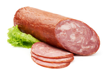 Pork ham sausage, isolated on white background