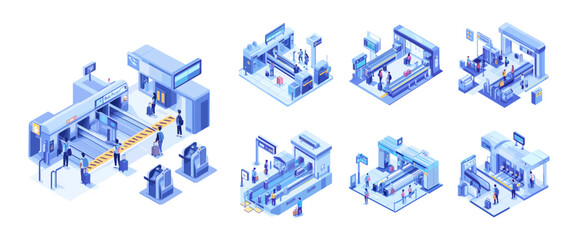 Isometric airport terminal passenger custom security control vector set. Tourists people travelers with baggage waiting departure, luggage conveyor bag scanner inspection air trip, isolated artworks