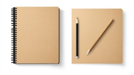 Realistic stock vector illustration of an open and closed brown kraft paper notebook with black metal spiral binding and a wooden pencil shown from above Isolated on a white background