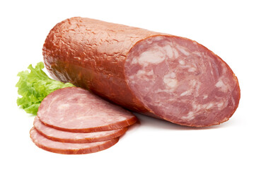 Smoked Ham sausage, isolated on white background