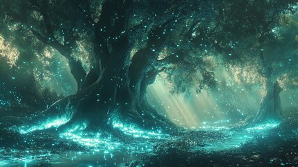 A magical forest scene with glowing lights and a large tree.