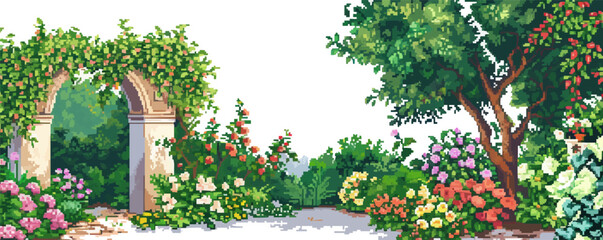 Fototapeta premium Create pixel art of a charming garden with flowers, pixel art on white isolated background, vector design.