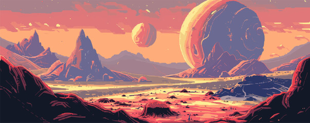 Create pixel art of an alien planet landscape, pixel art on white isolated background, vector design.