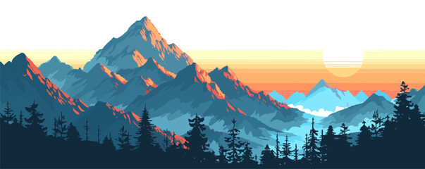 Create pixelated landscape with mountains and sunset, pixel art on white isolated background, vector design.