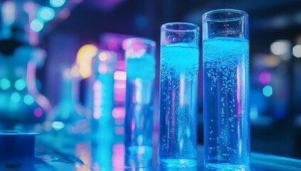 Detailed Liquid Drop Droplet with Dropper on Blue Red Tone Background and Test Tube Setup