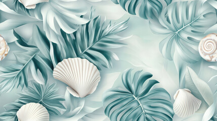 Seamless marine pattern featuring seashells, tropical leaves, and ocean elements. This illustration is ideal for wallpapers, fabric designs, or packaging. Soft pastel colors.