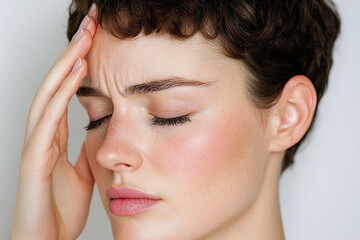 Fototapeta premium middle-aged woman expressing frustration, with her hand on her forehead and eyes closed against a white backdrop