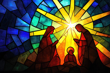 A stained glass window of the Nativity scene with a woman
