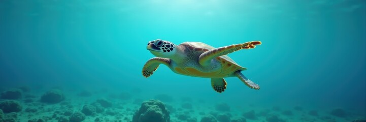 A serene underwater scene featuring a graceful sea turtle swimming through crystal-clear waters, perfect for nature, conservation, and marine life themes.