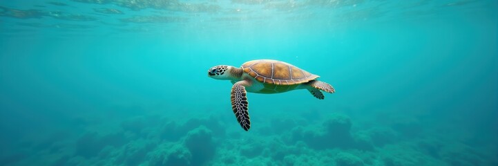 Fototapeta premium A serene underwater scene featuring a graceful turtle swimming majestically through crystal-clear waters, showcasing the beauty of marine life.