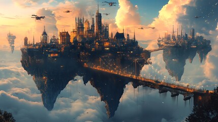 Naklejka premium A fantastical city floating in the clouds with a bridge connecting two islands.