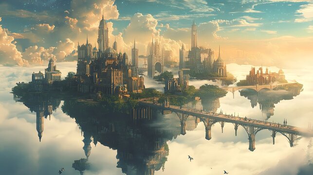 A fantasy city built on floating islands in the sky, with a bridge connecting them.