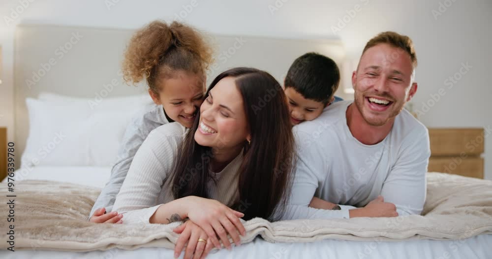 Wall mural Face, love and family on bed happy, playful and bonding at home with smile, trust or support. Security, piggyback and portrait of children with parents in a bedroom for hug, games or fun in a house