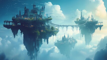 Two majestic floating cities with a bridge connecting them, a fantasy illustration of a magical and wondrous world.