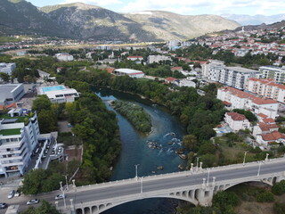 Drone aerial shot of Bosnia, Mostar, Stari Most Bridge