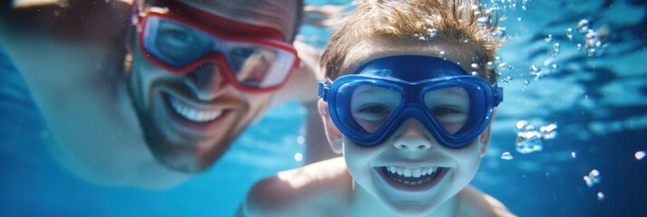Fototapeta premium Two individuals swim underwater in a brightly lit blue pool, with bubbles visible around them. Each is wearing goggles, highlighting a refreshing swimming experience.